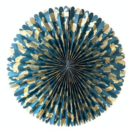Luna -Leena Rosette met konijnen/konijnengoud - Eco -papier - 55ø cm - Blauw/goud - handgemaakt in Nepal