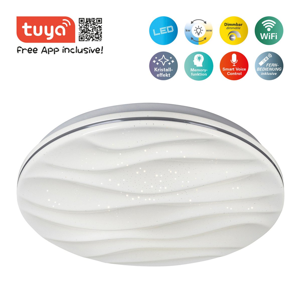 Smart Home LED -plafondlamp "Austin" met kristaleffect, veel functies, gemaakt van metaal en plastic, wit, met geïntegreerde LED's, verlichting voor woonkamers of kantoor