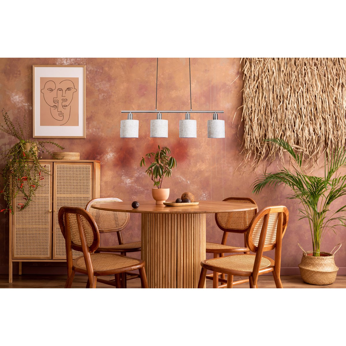 4 hanger lamp "maron" gemaakt van metalen satin mat met stof paraplu's in de natuur, met E14-aansluiting, lamp voor woonkamer of eetkamer, 71,5 x 12 cm