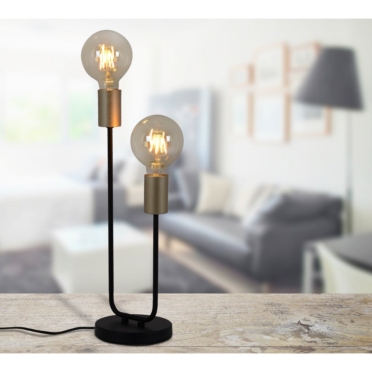 Tabellamp 2-flame. "Modo" gemaakt van metaal in zwart, versies in goud, E27 -aansluiting, tafellamp voor woonkamer, eetkamer, keuken, gang, gang of kantoor, 45 x 14 cm