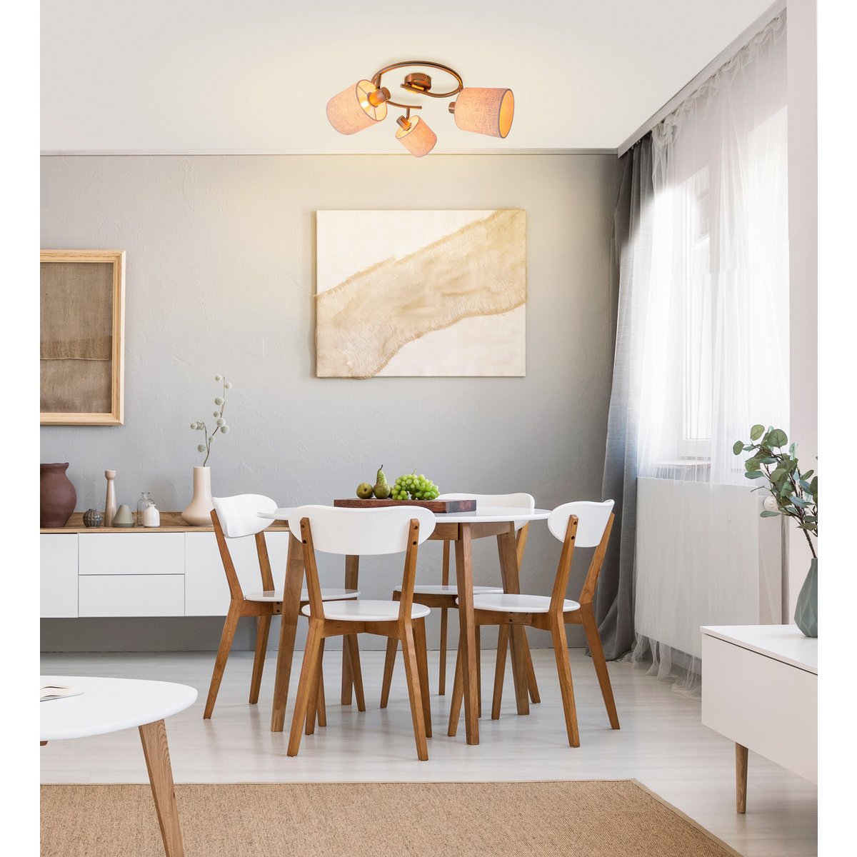 3-zits muur en plafond Rondel "Maron" gemaakt van metalen-satine-meter met stof paraplu's in de natuur, met E14-versie, lamp voor woonkamer, eetkamer, gang en kantoor, 28,5 cm diameter