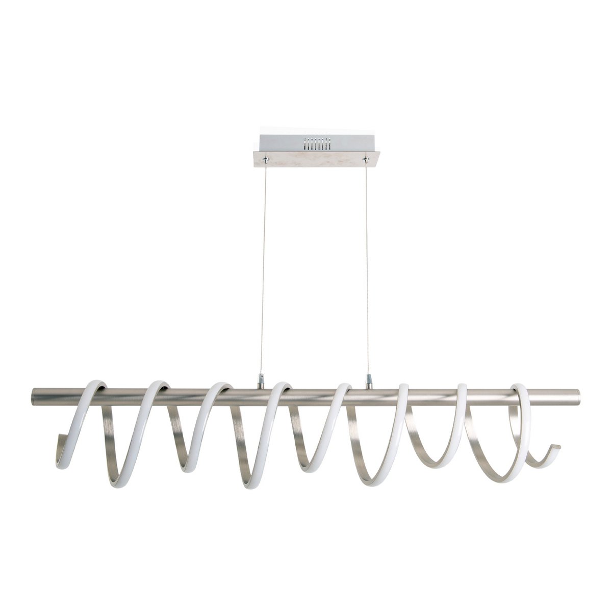 LED -hanglamp "Belleza", moderne metalen slinger lamp en plastic in nikkel mat en wit, met stevig gebouwd -in LED's, 100 cm lang. De ideale verlichting voor woonkamer, eetkamer of keuken.