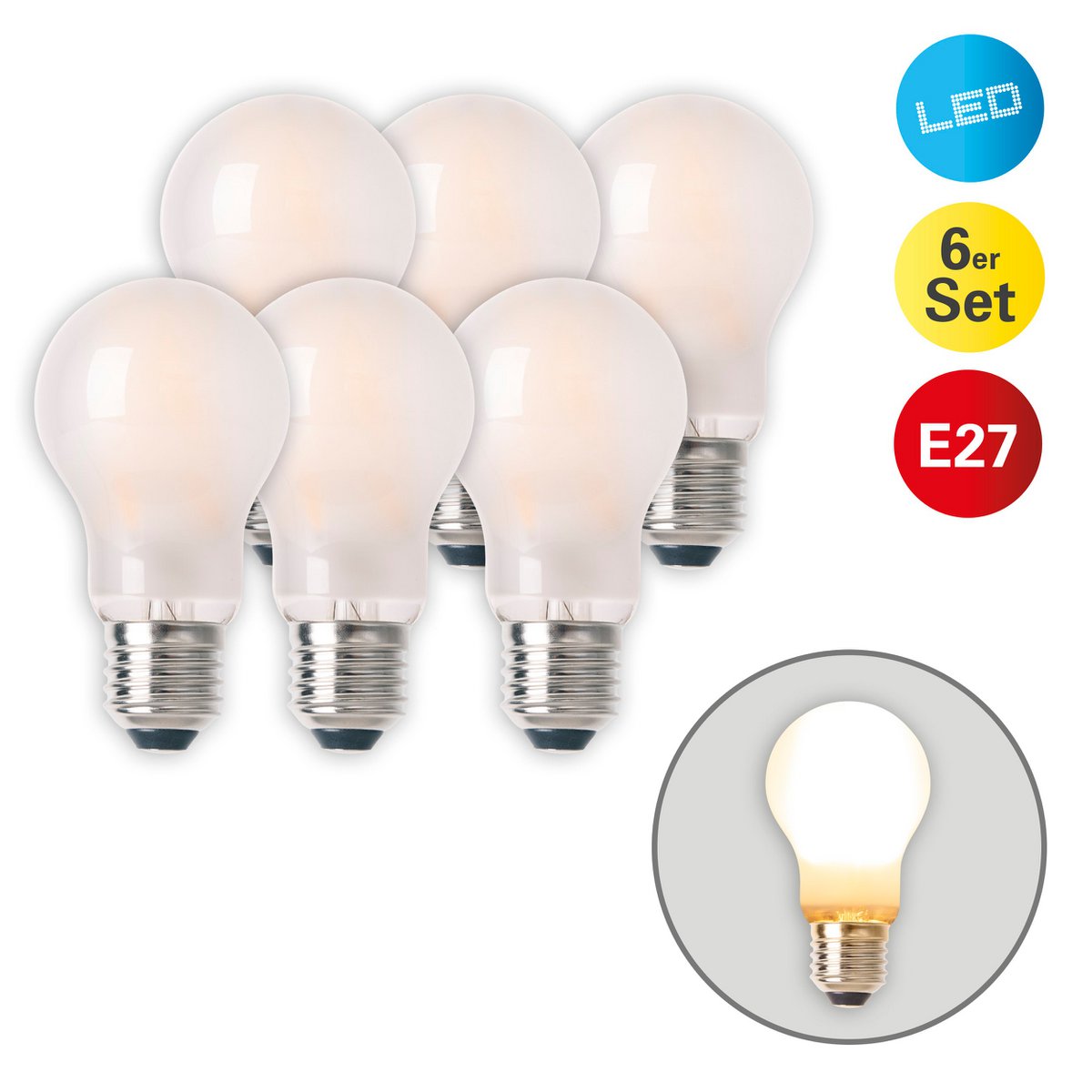 6-set LED-lamp voor E27-versie met elk 8 watt, gemaakt van metaal en glas, warm wit