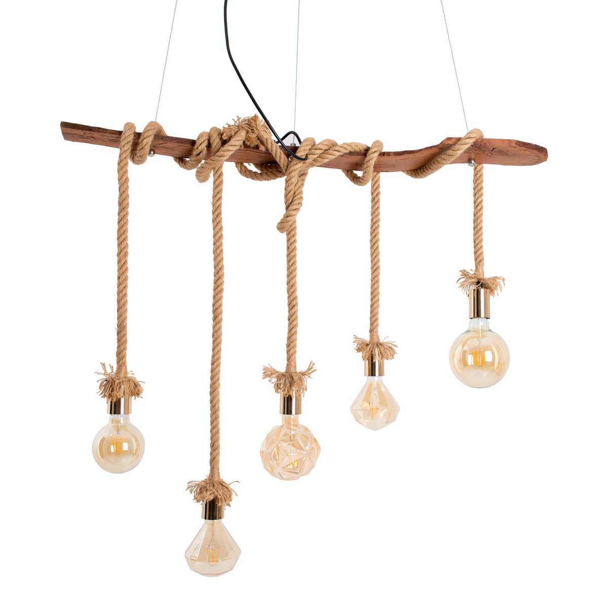Hanger lamp "touw" 5flg. Hanglamp gemaakt van hout en touw in de natuur, E27 -versie, verlichting voor woonkamer of kantoor