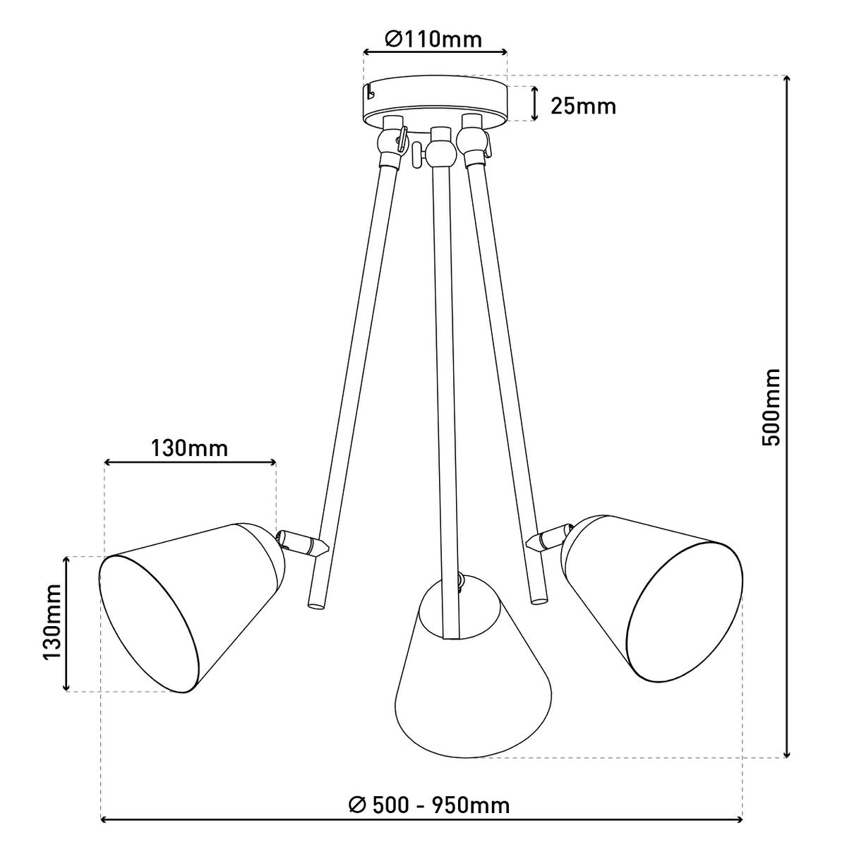 3-zits plafondlicht "Triton" gemaakt van black metal met E27-versie, verlichting voor woonkamer, eettafel of kantoor
