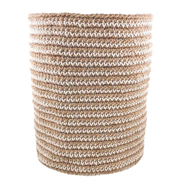 Luna -Leena Basket High met Off White Stripes - Jute & Cotton - H30cm - Hand Crochet in Nepal
