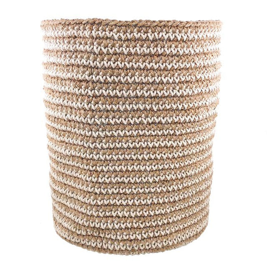 Luna -Leena Basket High met Off White Stripes - Jute & Cotton - H30cm - Hand Crochet in Nepal