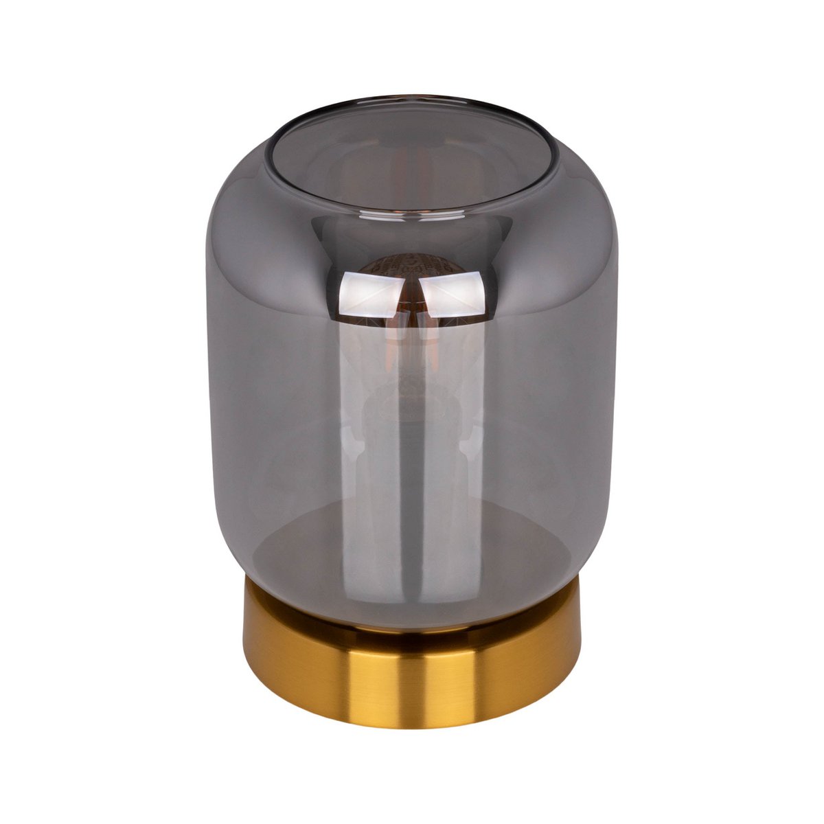 Glazen tafellicht "Alessio", 17 cm hoog, Ø 12 cm, goudkleurig metaal, rookglas, E14