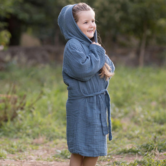 OrganicEra biologische mousseline kinderbadjas, 7-8 jaar, indigo