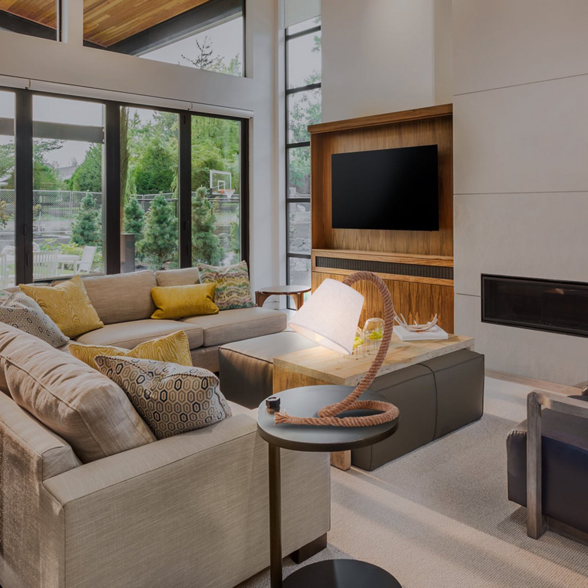 Tafellamp met tekstblazer "touw", tafellamp gemaakt van metaal, plastic, jute en textiel in wit, met E14 -versie, voor woonkamers, gang of kantoor, 35 cm hoog