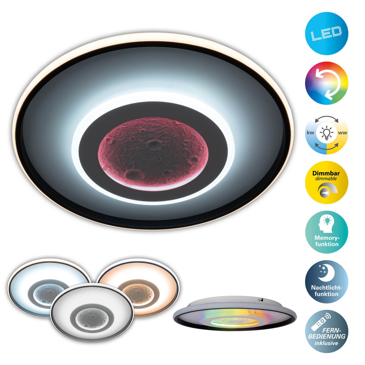LED -plafondlamp CCT / RGB met maanstructuur, Ø 50 cm, veel functies, gemaakt van metaal en plastic, inclusief afstandsbediening