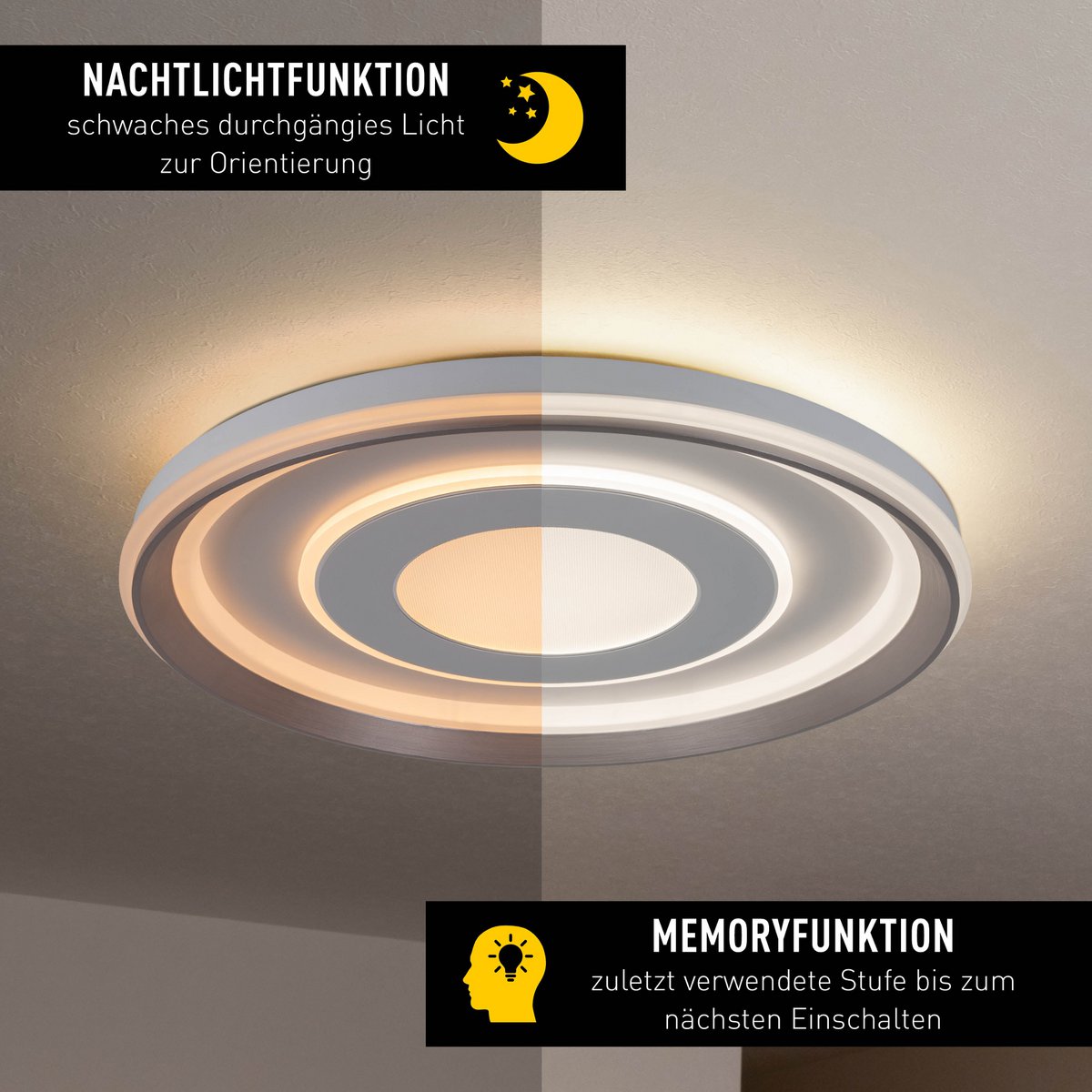 LED-plafondlamp "Doira" Ø 50,5 cm, 7,5 cm hoog, metaal en plastic in zilver en wit, geïntegreerde LED's, 3600 lm licht licht, dimable, CCT-functie 3000-6500 K, nachtlichtfunctie