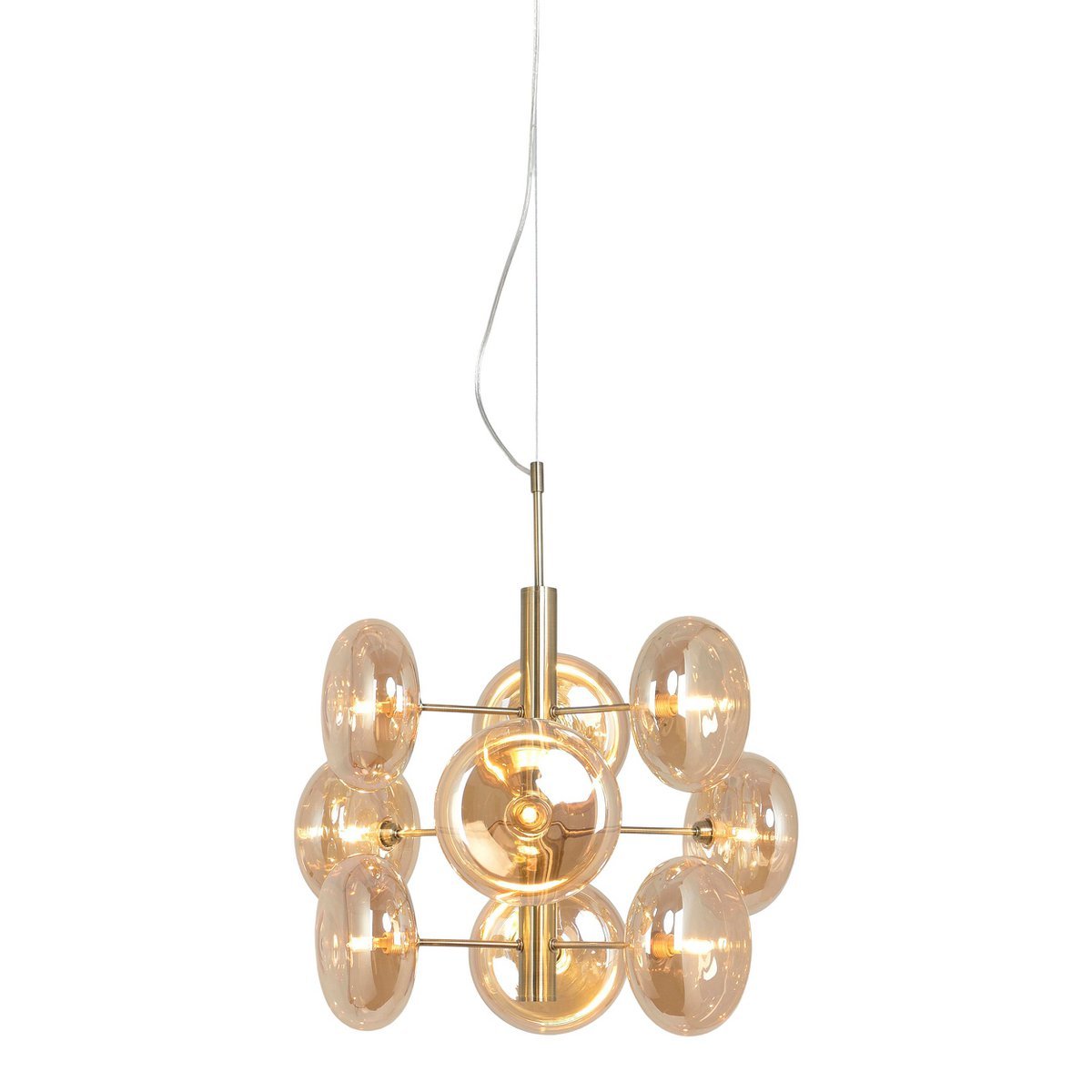 Hanger lamp "Orion" Ø ca. 53 cm, gemaakt van messing gekleurd metaal en glas in barnsteen, G9-sockets, verlichting voor woonkamer, eetkamer of kantoor.