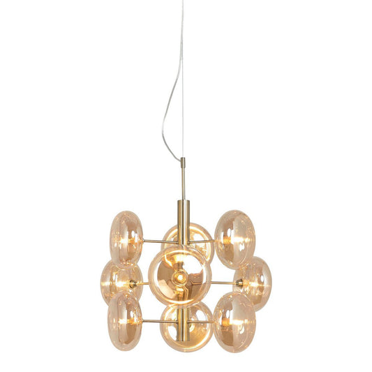 Hanger lamp "Orion" Ø ca. 53 cm, gemaakt van messing gekleurd metaal en glas in barnsteen, G9-sockets, verlichting voor woonkamer, eetkamer of kantoor.
