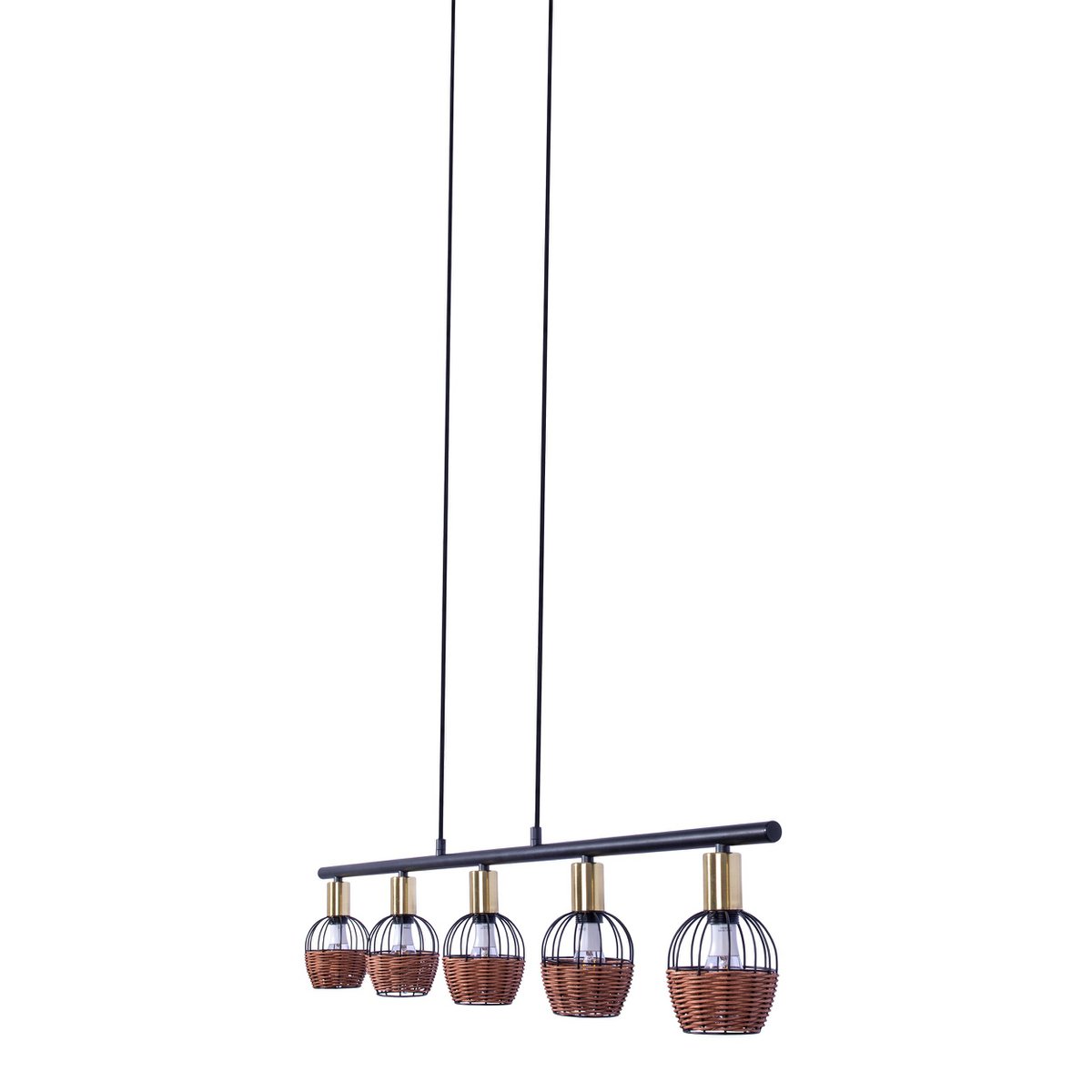 5 hanglamp "Corbis", echtelijke lamp gemaakt van zwart in zwart, met goud en rotan, met E14 -aansluiting, voor eetkamer, woonkamer, gang of kantoor, 100 cm lang