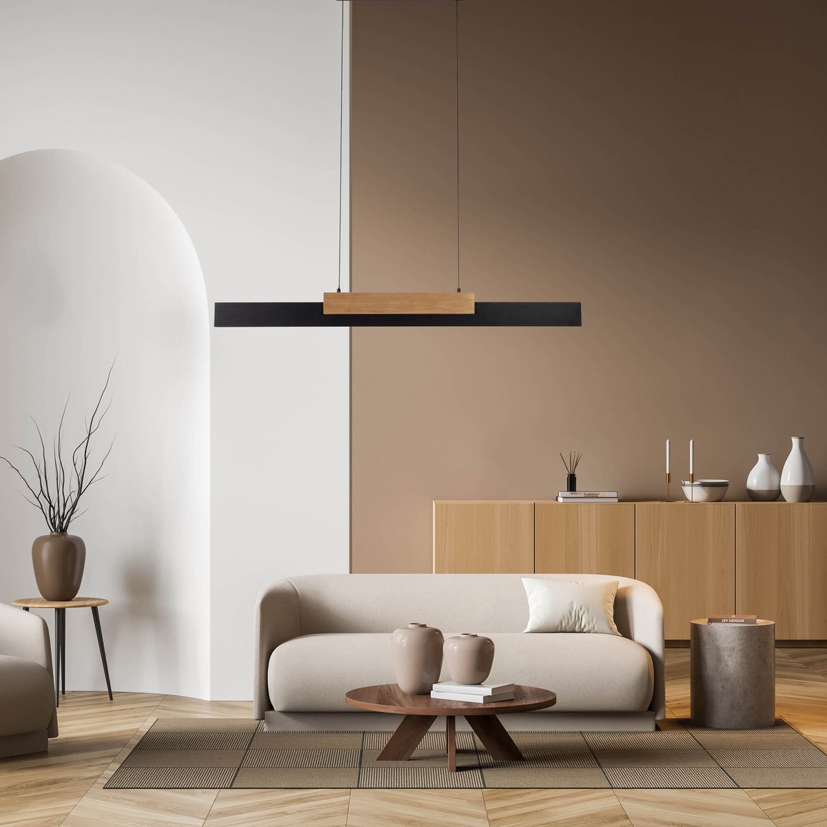 LED hanger lamp Brown "Wiebke" bestaat uit metaal en hout (MDF) in zwart en bruin. Het is ongeveer. 120,5 cm lang, ca. 6 cm breed en tot ongeveer. 150 cm hoog. Hoogte verstelbaar, met geïntegreerde lamp, dimbaar, met geheugeneffect