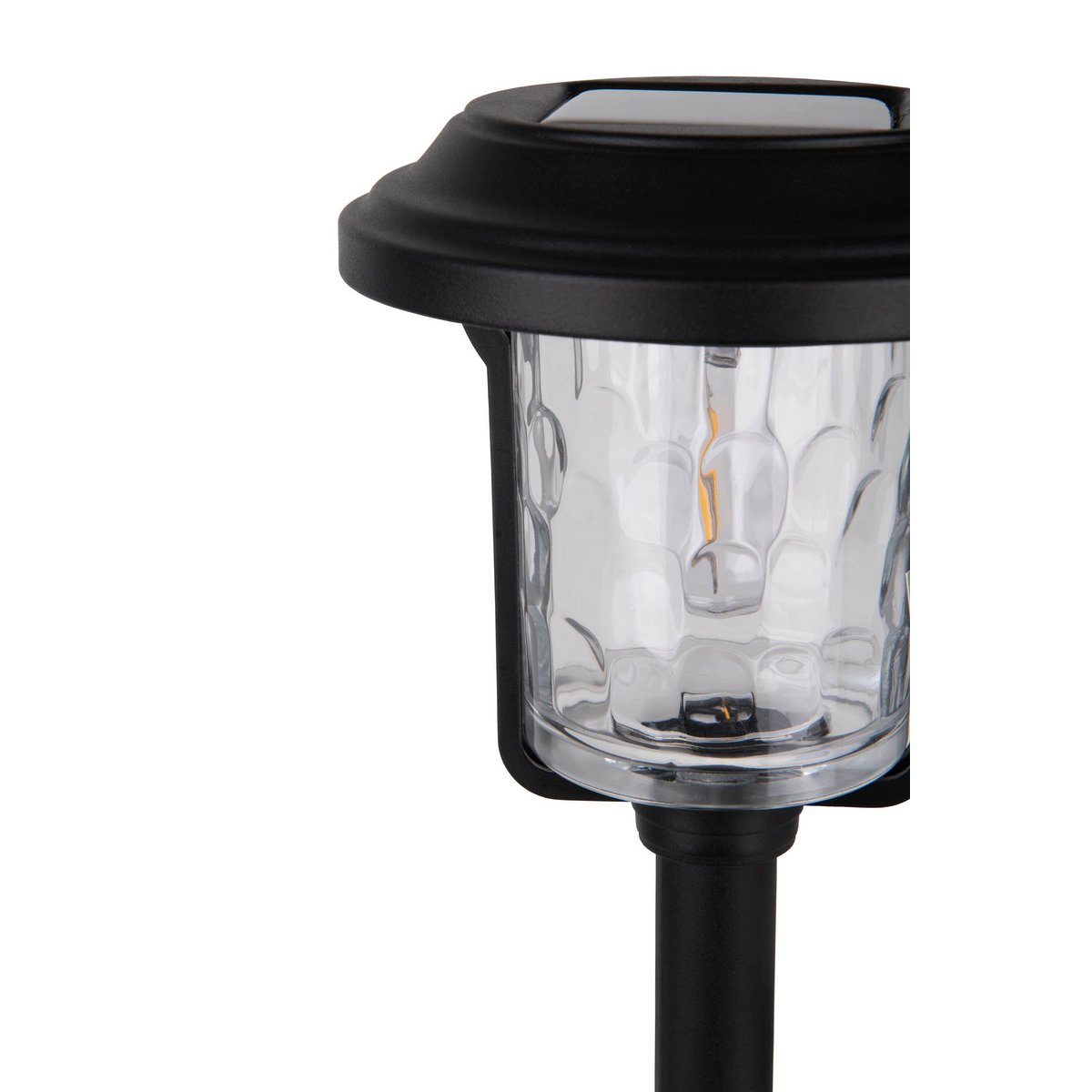 Solar-deco-earth spit "Simon" 54,7 cm hoog, gemaakt van zwart metaal en gestructureerd glas, geïntegreerde LED, warm wit.