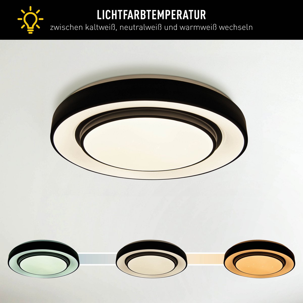 LED -plafondlamp "Monterey" Ø 47,5 cm, vele functies, gemaakt van metaal en plastic in het zwart, met geïntegreerde LED's, verlichting voor woonkamers, gang of kantoor