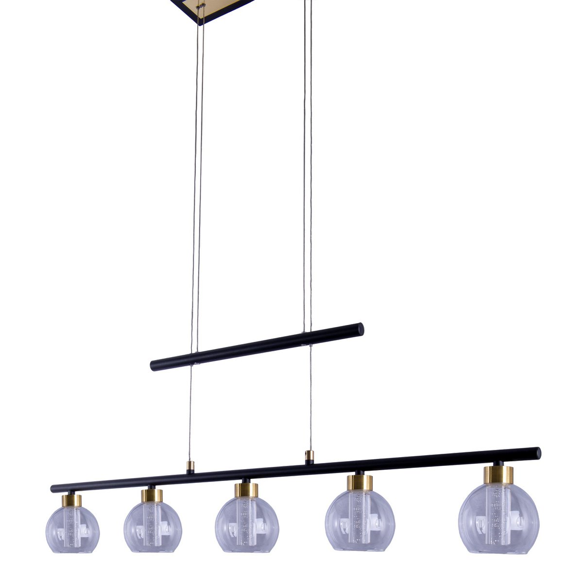 LED-glazen hanglamp "messing" zwart, klassiek, hangende lamp gemaakt van zwart metaal en glas, met stevig ingebouwde LED's, verlichting voor woonkamer, eetkamer of kantoor, 90 cm lang