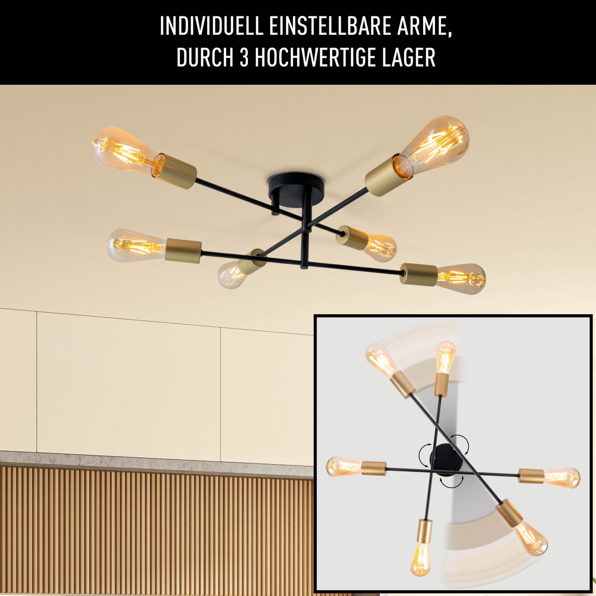Plafondlicht "Modo" 6-flame gemaakt van metaal in zwart, versies goud, E27-aansluiting, plafondlamp voor woonkamer, eetkamer, keuken, gang, gang of kantoor met een Øvon 54,5 cm