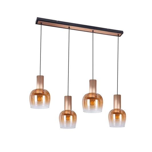 4-be hanger lamp "funda", retro hanger lamp gemaakt van amber-gekleurd glas en mat geborsteld, messing gekleurd metaal, met E27 verticals, 111 cm lang, 150 hoog, ideaal voor eetkamer, woonkamer en keuken.