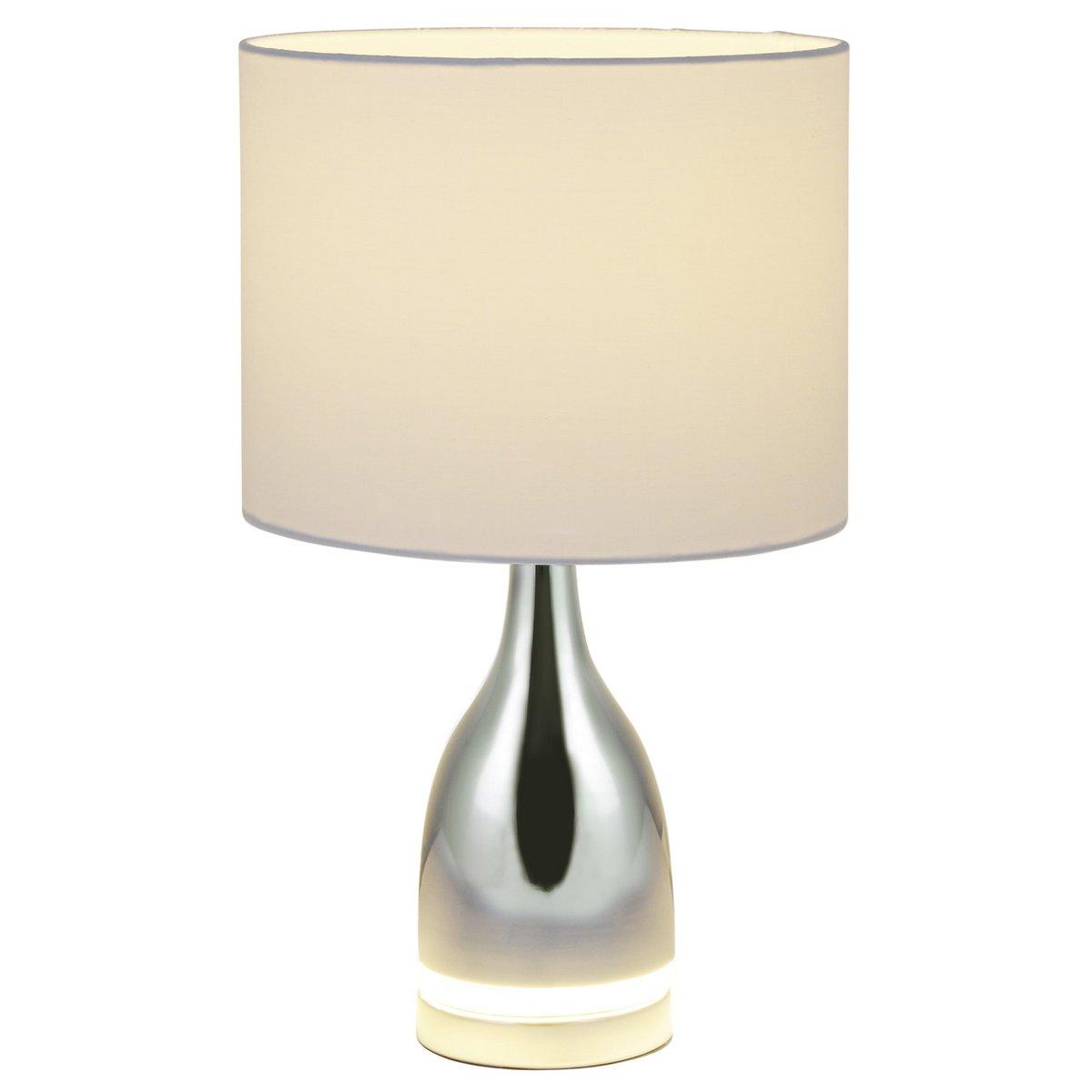 De "Cosima" LED -tafellamp is 43,5 cm hoog, paraplu Ø 25 cm, gemaakt van metaal, plastic, textielmateriaal in de kleuren chroom en wit. Beide geïntegreerde LED's in de Light Foot en E14 -versie