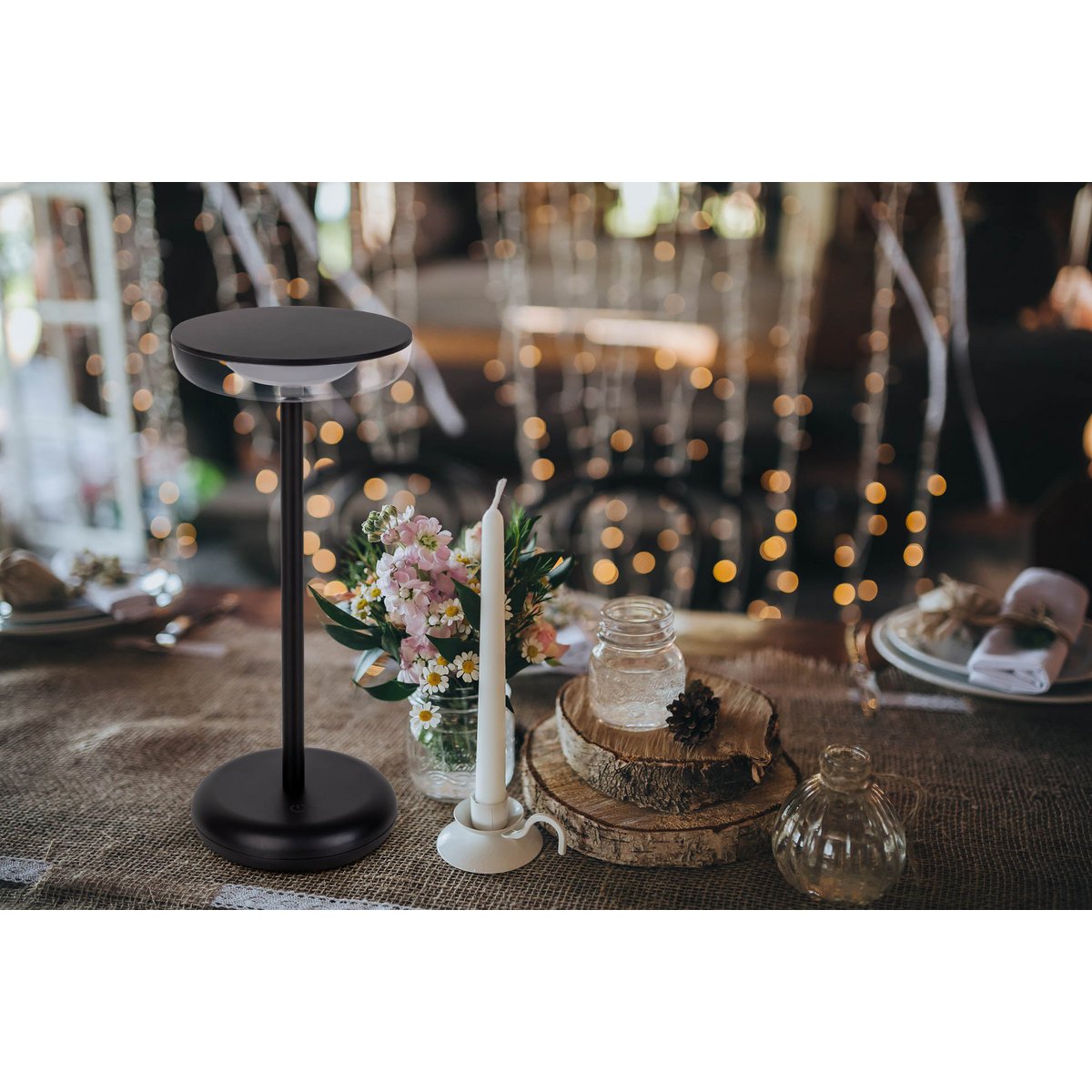 Noteloze tabletlamp "PASI" voor buiten en binnen, gemaakt van metaal en plastic in zwart, dimbaar, met aanraking en geheugenfunctie, ca. 26 cm hoog