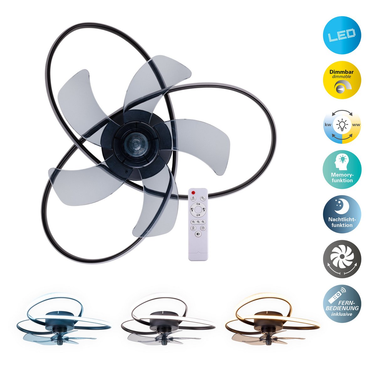 Het moderne LED -plafondlicht "Leccio" inclusief ventilator, nachtlichtfunctie, dim- en lichttemperatuurinstelling is uitgerust met stevig geïnstalleerde LED's en heeft een geschatte Øvon 58 cm.