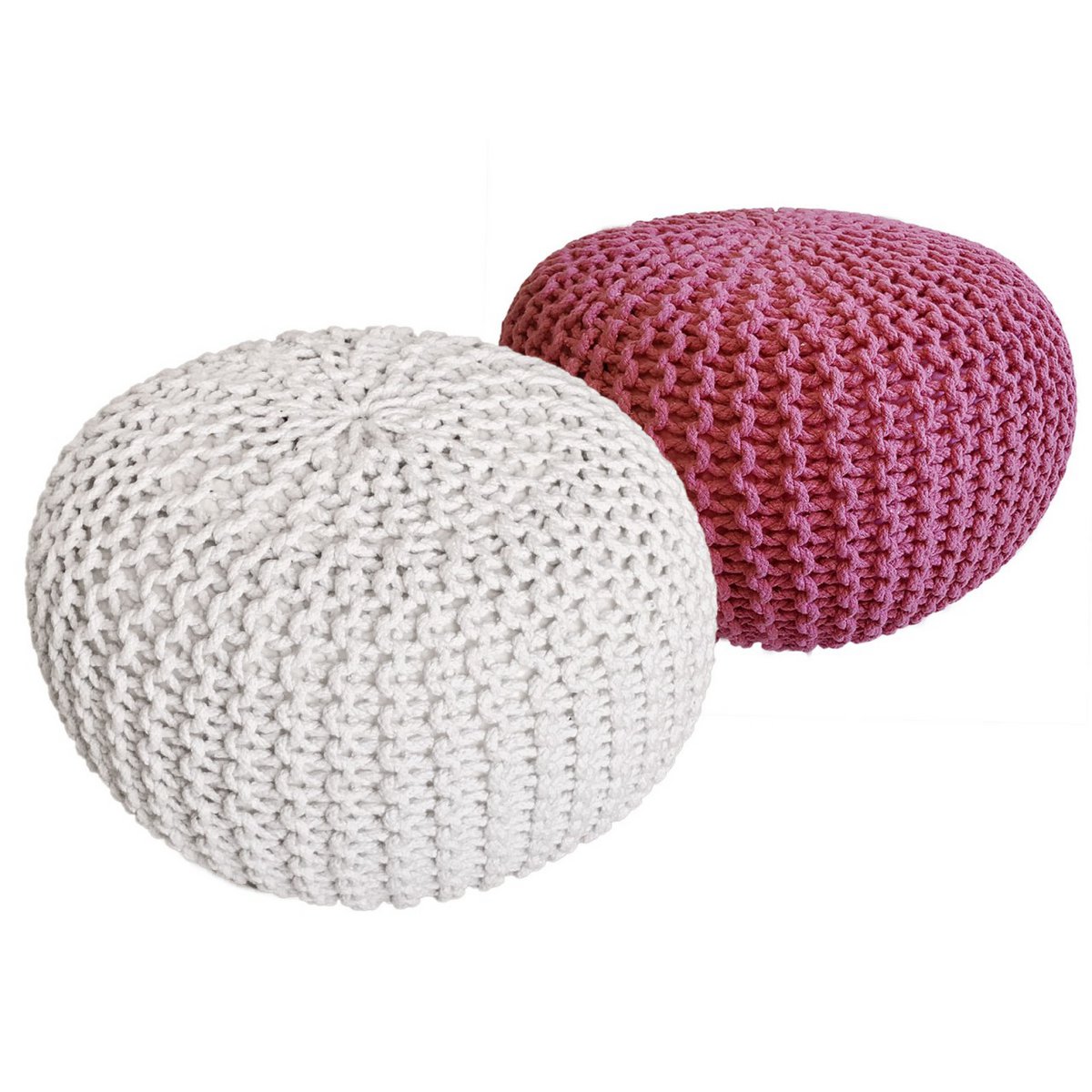 Sitzhocker Pouf SET 2 Stück Ø 55 cm H 37 cm Strickhocker Bodenkissen Grobstrick-Optik nachhaltig