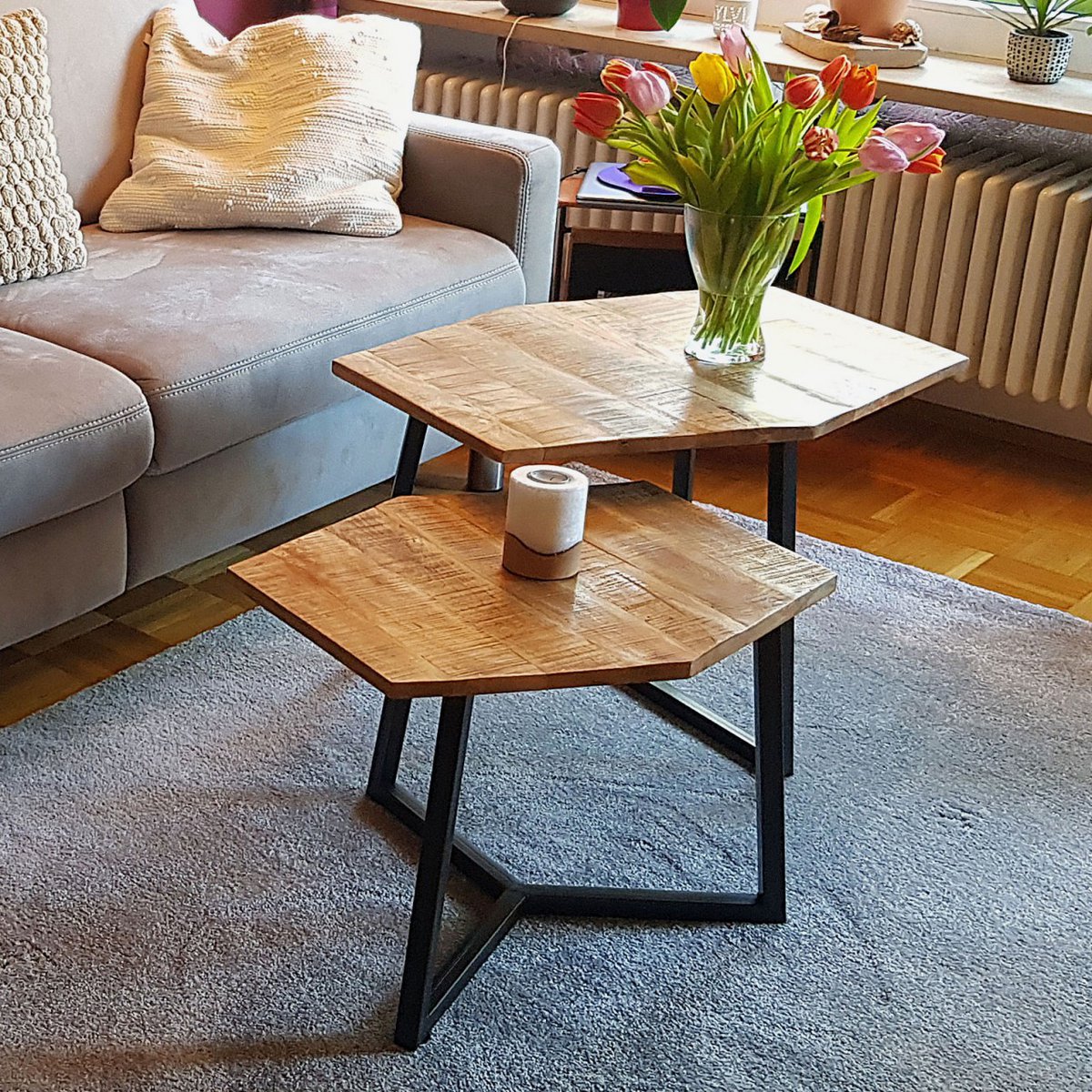 Salontafel set 2-delig woonkamertafel bijzettafel Paris metalen frame zwart wit of antiek zilver