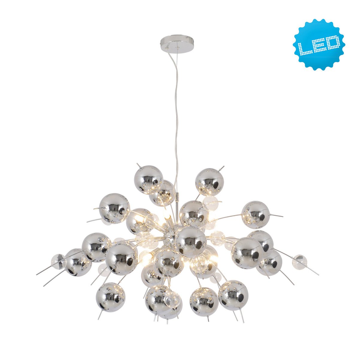 Hanger lamp "explosie" chroom gemaakt van metaal en glas, G9 -versies, hangende lamp voor eetkamer, woonkamer, gang of kantoor, Øca. 98 cm