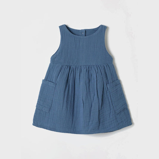 OrganicEra organische mousseline mouwloze jurk met zak, indigo