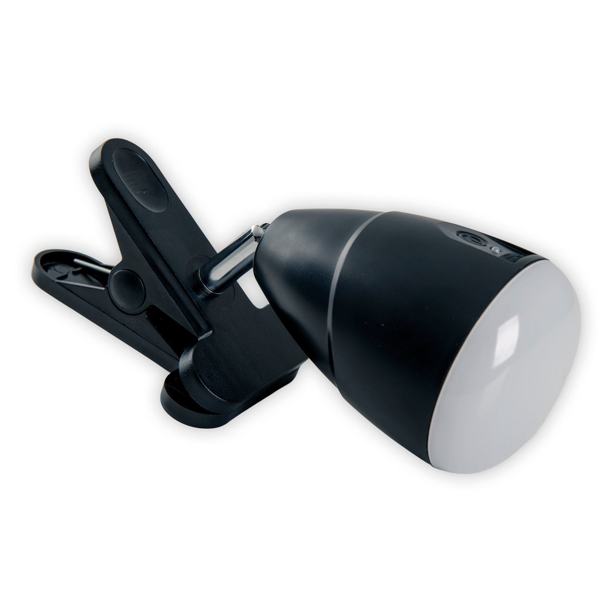 LED -klemlamp gemaakt van metaal en plastic in het zwart, met geïntegreerde LED's