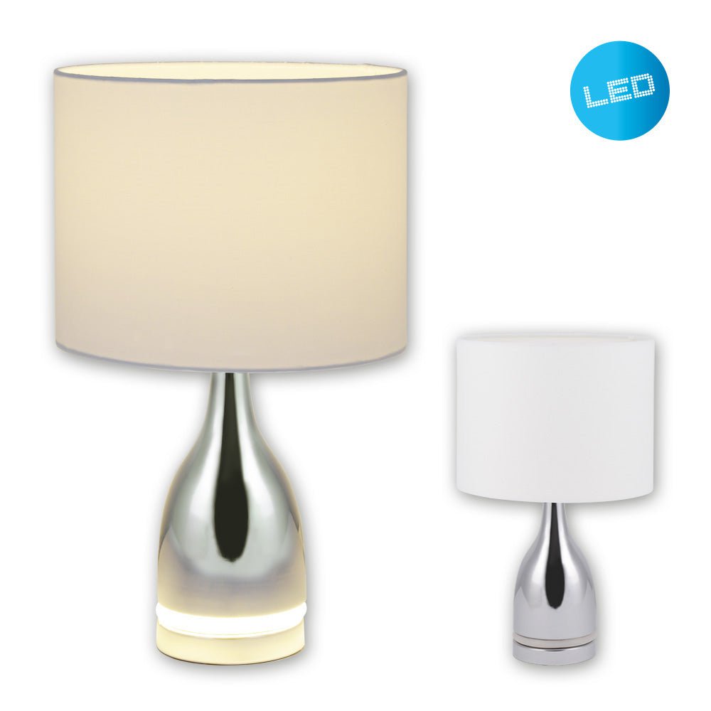 De "Cosima" LED -tafellamp is 43,5 cm hoog, paraplu Ø 25 cm, gemaakt van metaal, plastic, textielmateriaal in de kleuren chroom en wit. Beide geïntegreerde LED's in de Light Foot en E14 -versie