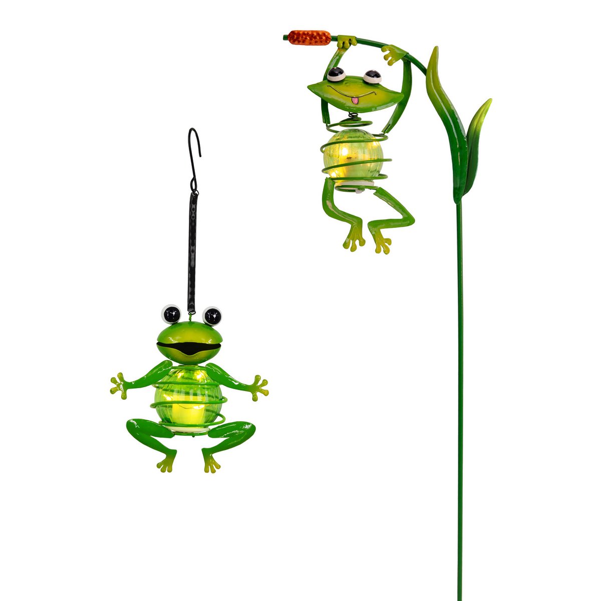 2 Set Solar-Deco Hanglight "Frosch" ca. 20 en 66 cm hoog, gemaakt van geschilderd. Dawn Sensor;