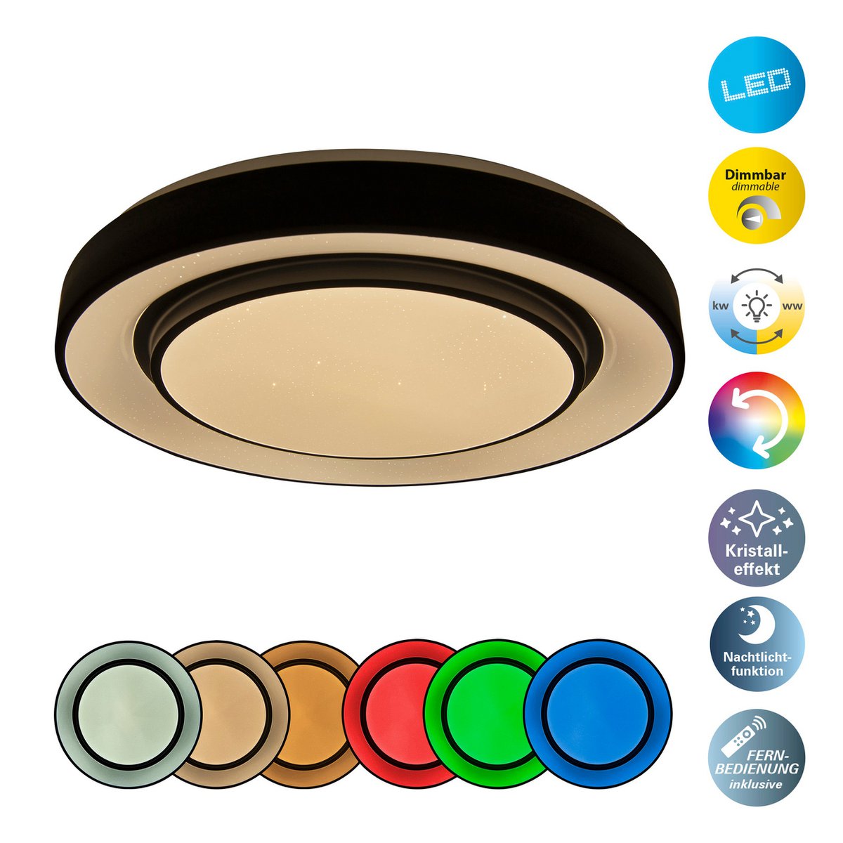 LED -plafondlamp "Monterey" Ø 47,5 cm, vele functies, gemaakt van metaal en plastic in het zwart, met geïntegreerde LED's, verlichting voor woonkamers, gang of kantoor