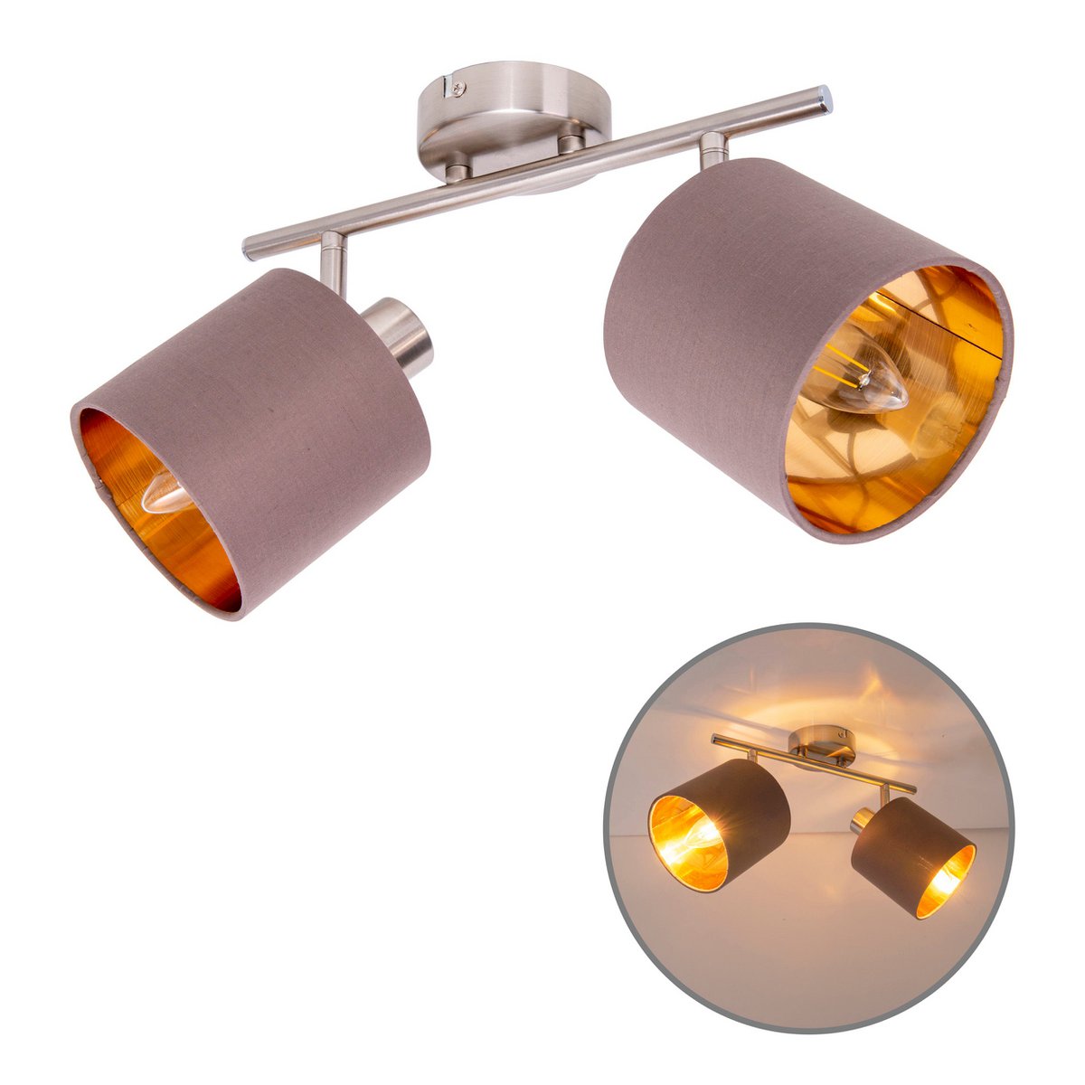 Muur en plafondlamp met 2 zitplaatsen "Maron" gemaakt van metalen satine-meter met stof paraplu's in bruin, met E14-aansluiting, lamp voor woonkamer, eetkamer, gang en kantoor, 46 x 12 cm