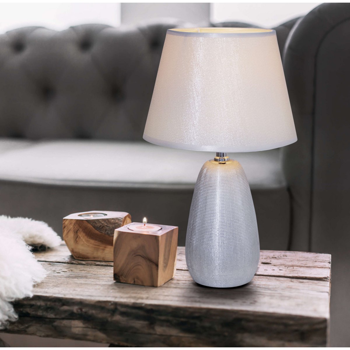 Keramische tafellamp H: 37 cm "Simly Ceramics", tafellamp gemaakt van keramiek, zilver, met E14 -aansluiting, voor eetkamer, woonkamer, gang of kantoor, 31 cm hoog