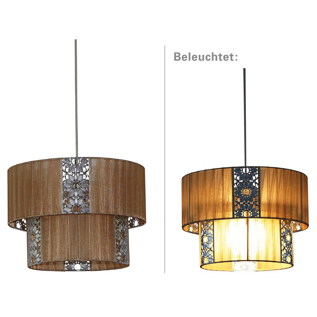 De "Pori" hanglamp tot 120 cm hoog, Ø 30 cm, gemaakt van metaal en polyester, kleur cappuccino, E27 -versie