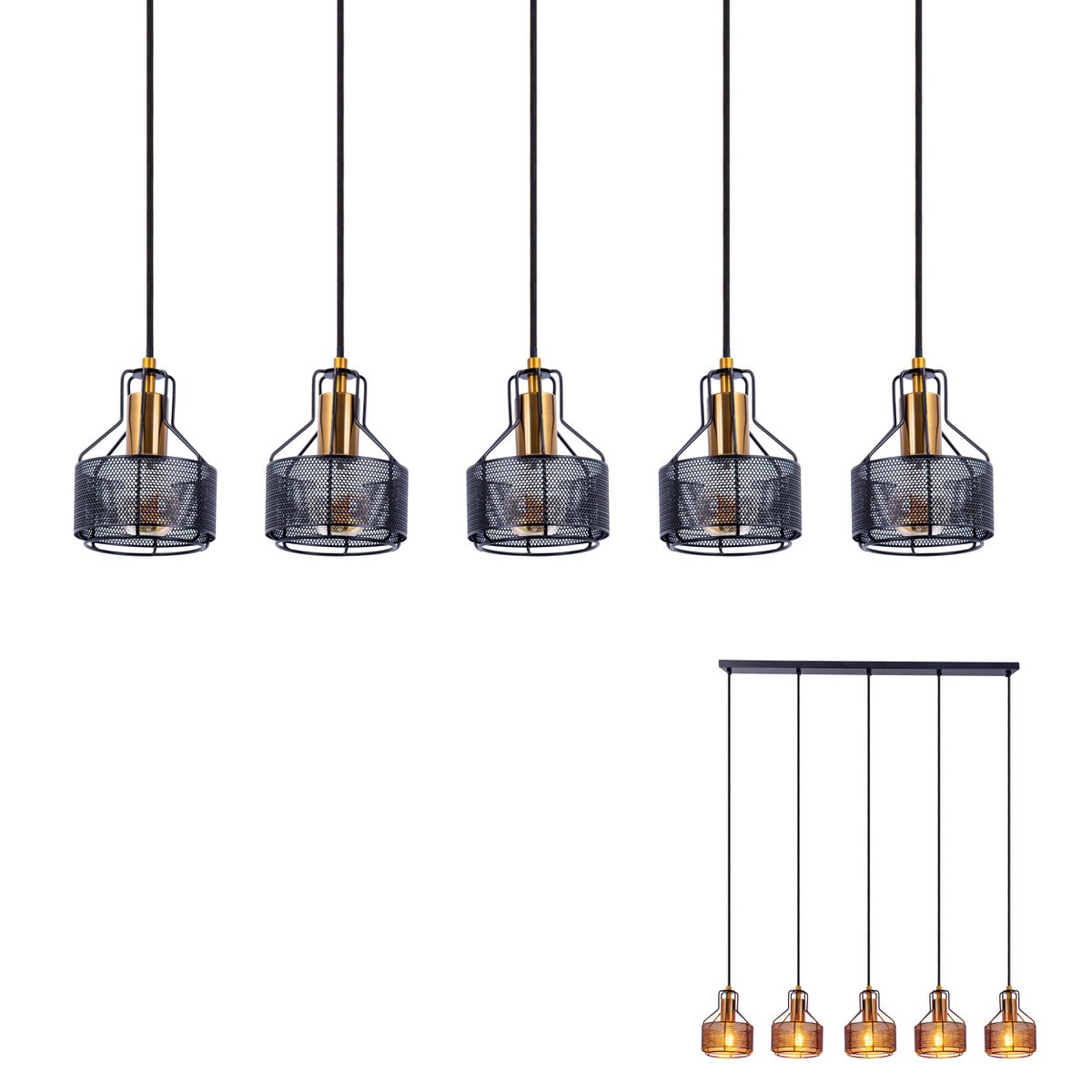 5 hanger lamp "foro" retro hanger lamp gemaakt van metaal in zwart en goud met E27 -versies, 96 cm lang. Stijlvolle verlichting voor woonkamer, eetkamer of keuken.