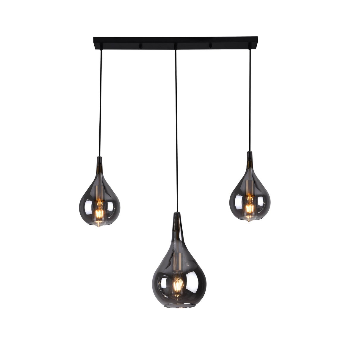 3-be hanglamp "Gota", retro klassieke hanglamp gemaakt van zwart rookglas met E27-frames, 88 cm lang, 150 hoog, ideaal voor eetkamer, woonkamer en keuken.