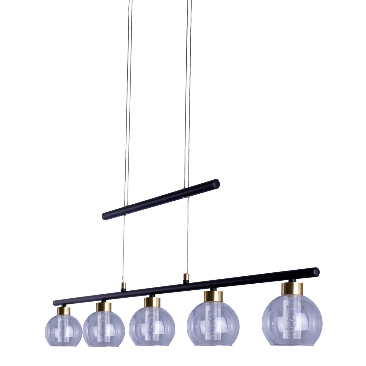 LED-glazen hanglamp "messing" zwart, klassiek, hangende lamp gemaakt van zwart metaal en glas, met stevig ingebouwde LED's, verlichting voor woonkamer, eetkamer of kantoor, 90 cm lang