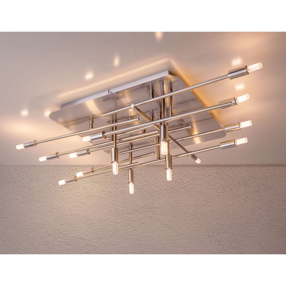LED -plafondlamp "Ancona" met achtergrondverlichting gemaakt van metaal in roestvrijstalen optiek, G9 -versies, lamp voor woonkamer, eetkamer, gang en kantoor, ca. 71 x 70 cm