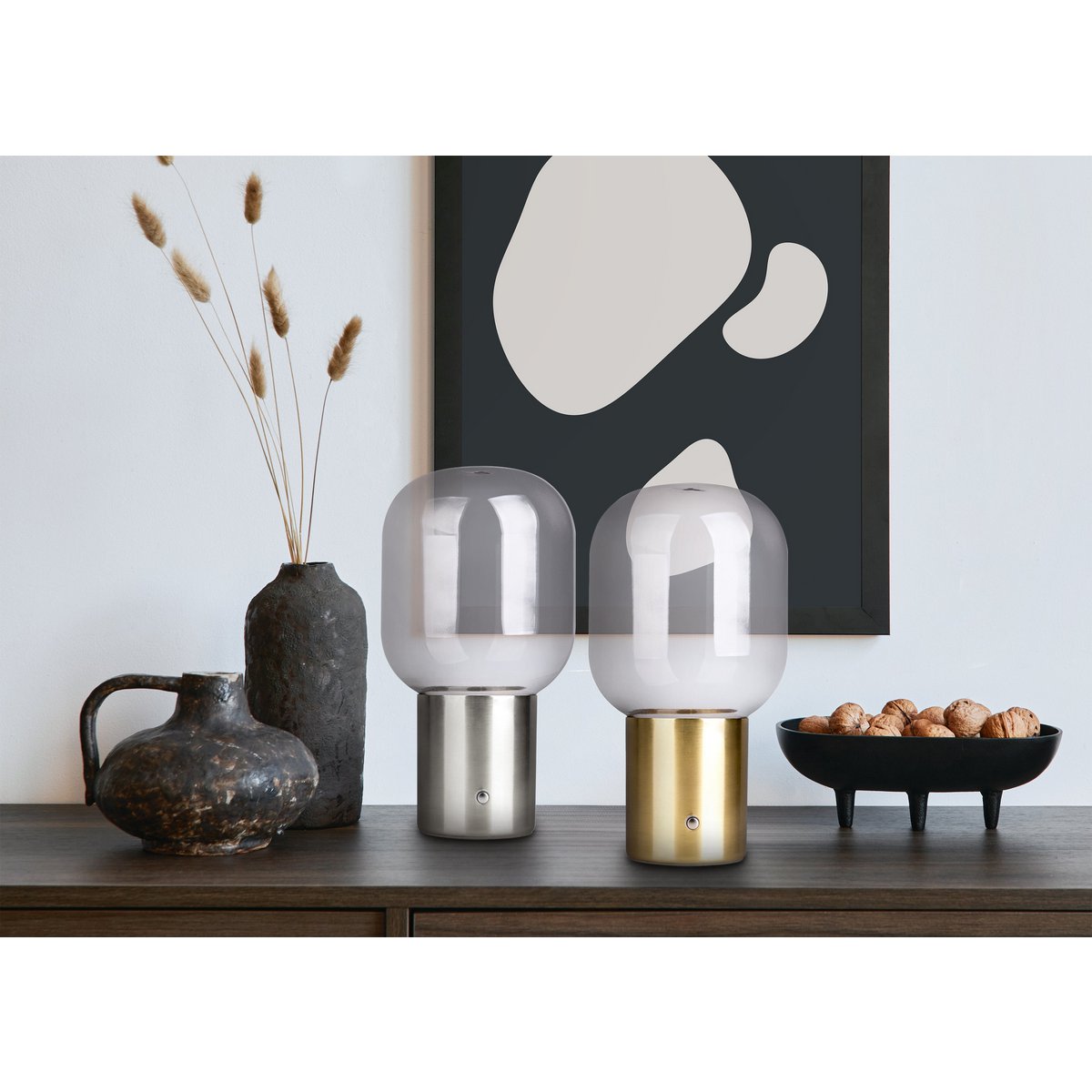 Draadloos tafellicht "Albero" decoratief tafellicht gemaakt van chroomkleurig metaal en glas met stevig geïnstalleerde LED's, dimbaar met aanraaksensor, 25 cm hoog