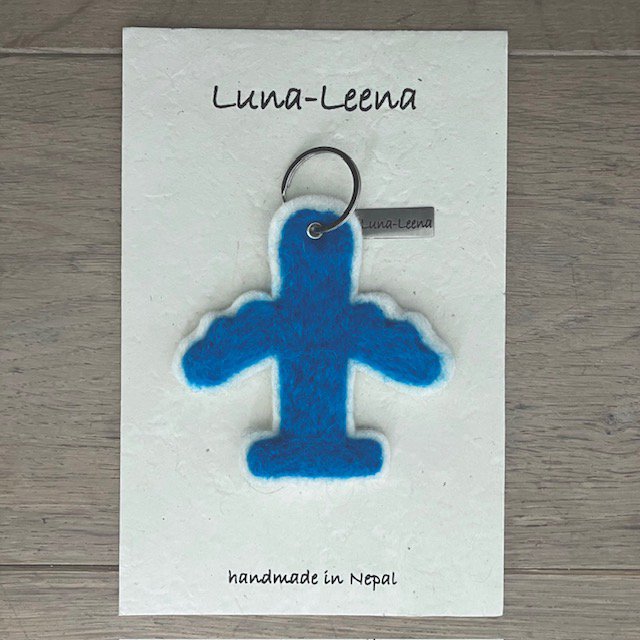 Luna -Leena Keychain Flat Airplane - Bag Charm - Blauw - Wool Filt - Handmade in Nepal
