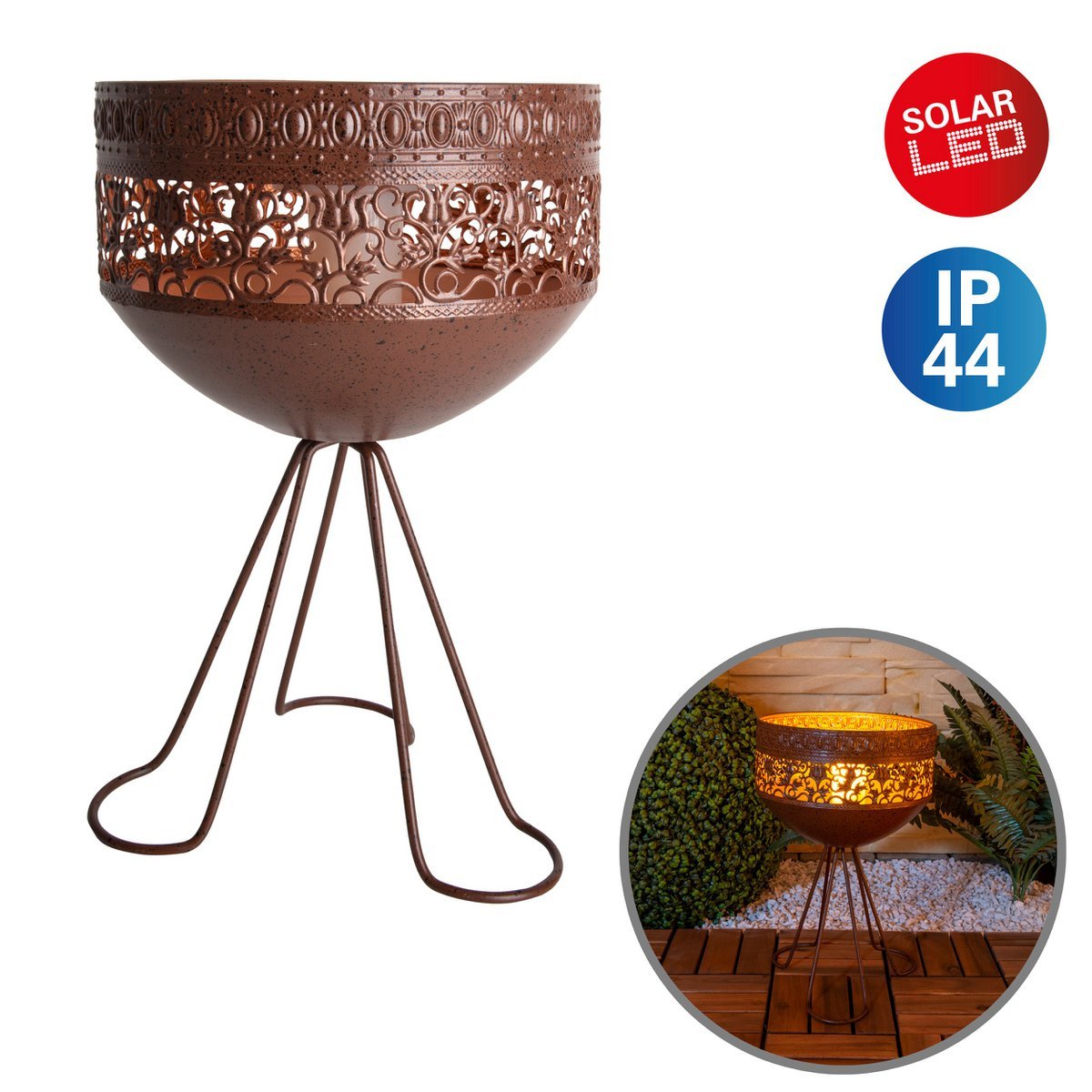 LED decoratief zonnelampje met een standaard, 34,5 cm hoog voor buiten, gemaakt van roestkleurig metaal en plastic, stevig geïnstalleerde LED's