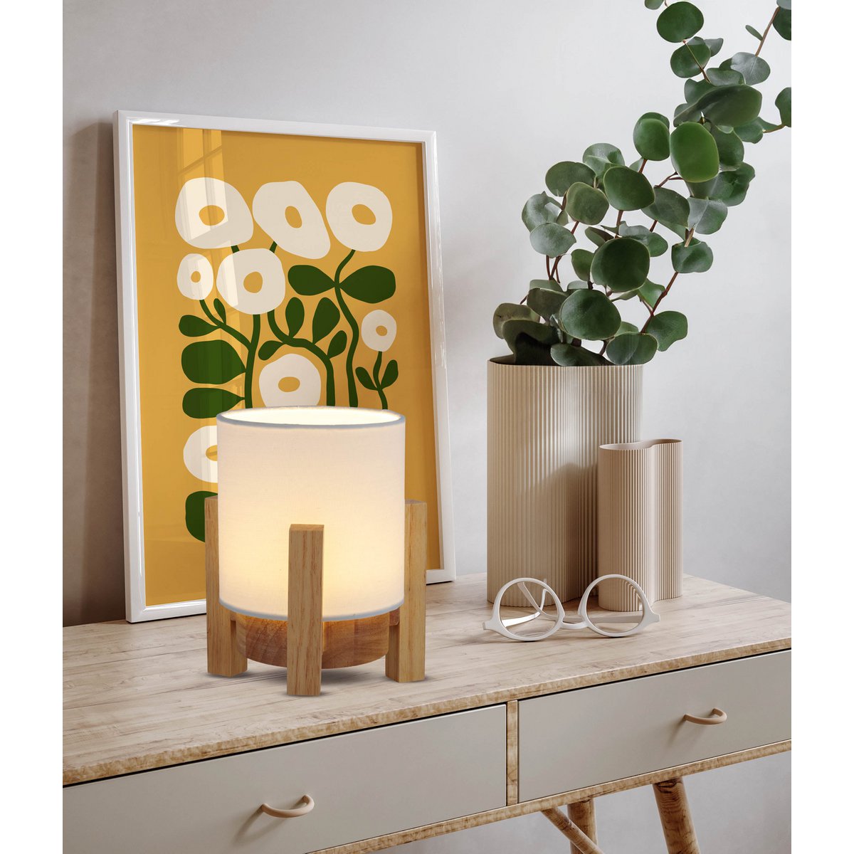 Ackitical Lamp "Madita" 19 cm hoog, in wit/natuur, met geïntegreerde LED, dimbaar met aanraaksensor