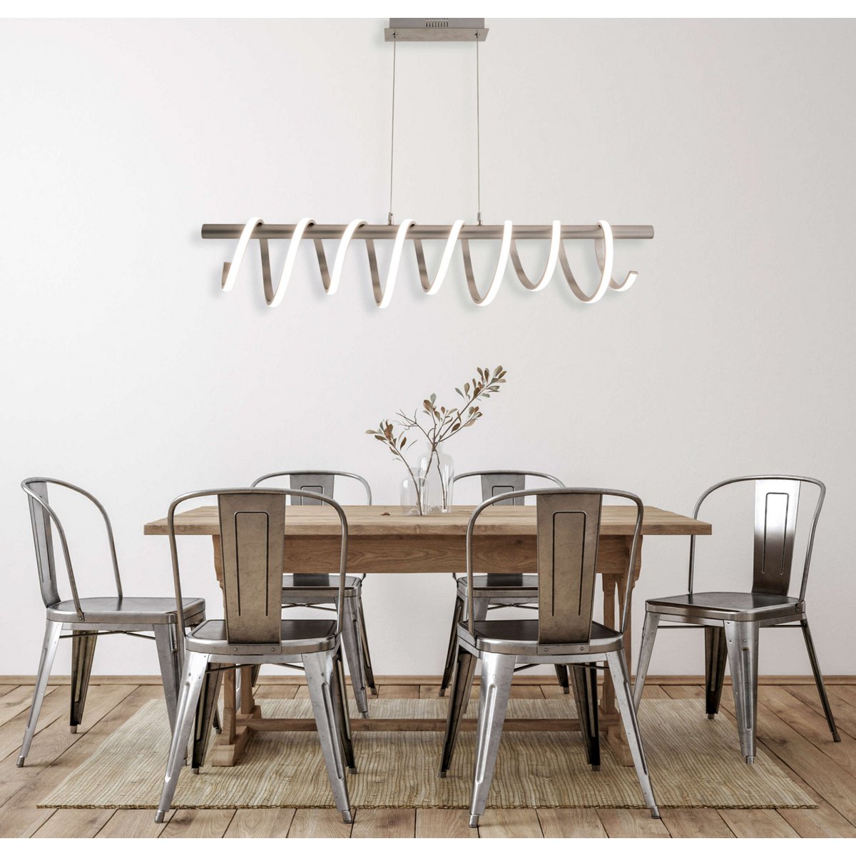 LED -hanglamp "Belleza", moderne metalen slinger lamp en plastic in nikkel mat en wit, met stevig gebouwd -in LED's, 100 cm lang. De ideale verlichting voor woonkamer, eetkamer of keuken.