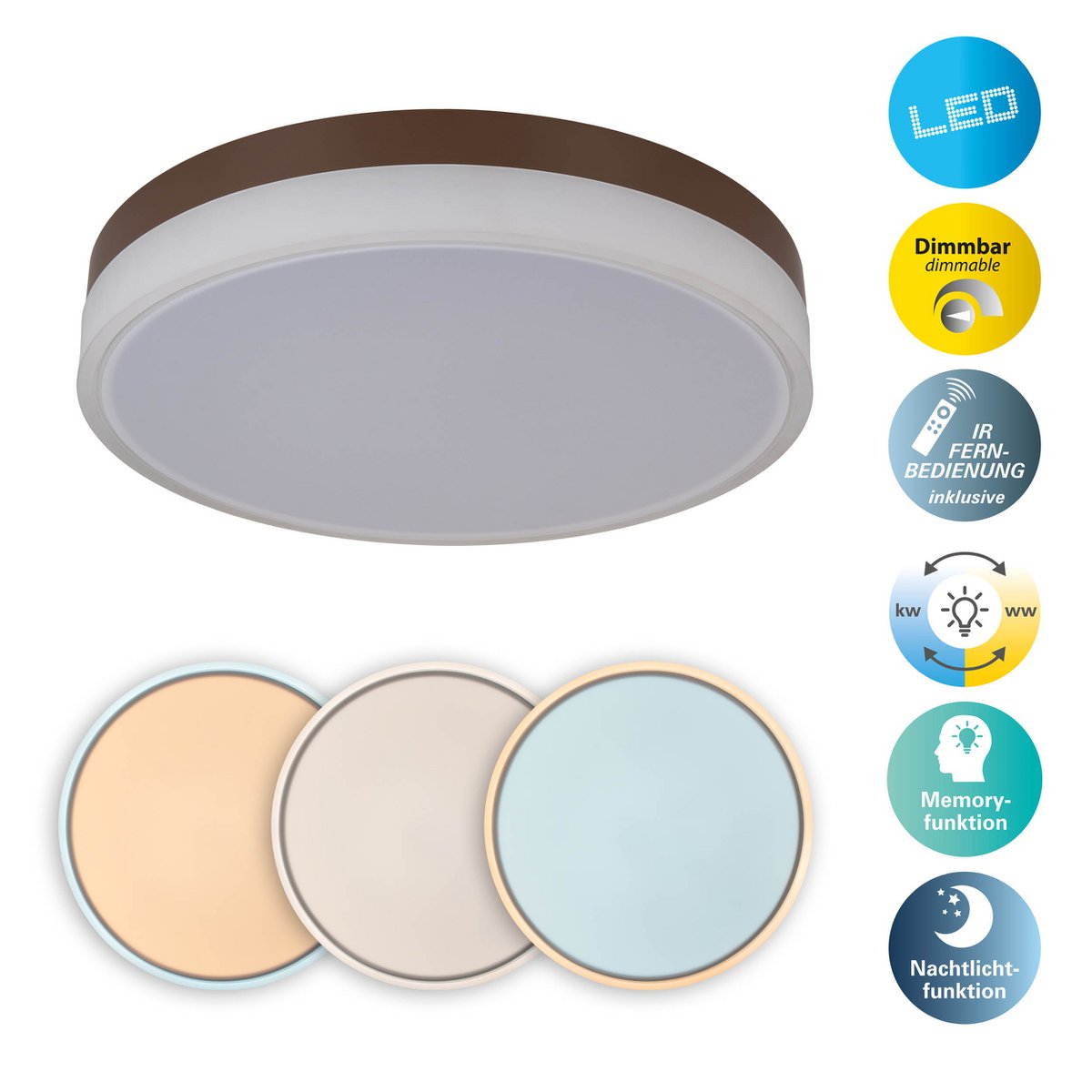 LED-plafondlicht "Lola" Ø van 50 cm, 9 cm hoog, metaal en plastic in bruin en wit, geïntegreerde LED's, 1900 lm, dimmable, CCT-functie 3000-6500 K, nachtlichtfunctie