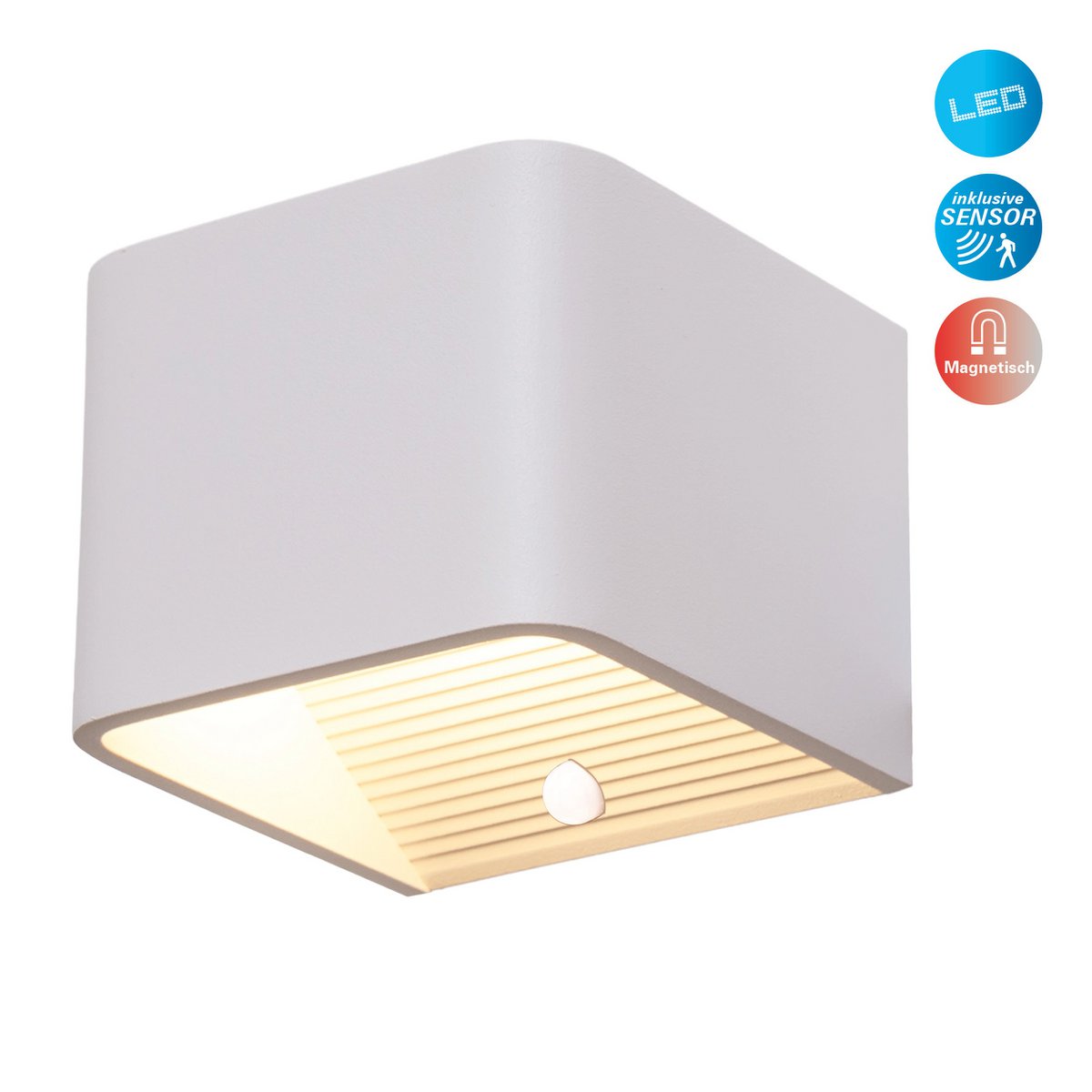 Noteloze wandlicht "kubus" magnetisch, ca. 10 x 10 cm, gemaakt van wit metaal, met bewegingssensor